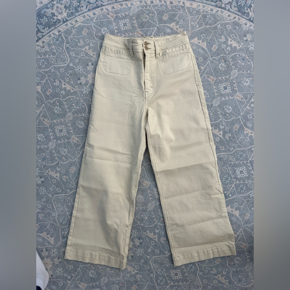 Anthropologie high rise wide leg jeans on cream - The Colette Crop